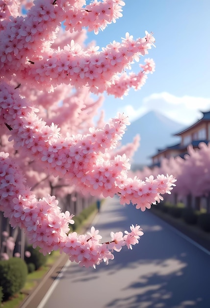 Photo sakura is blooming delicate pink cherry blossoms bloom beautifully on a tree branch during the spring season mountains at twilight pink cherry bloom mount fuji in view generative ai