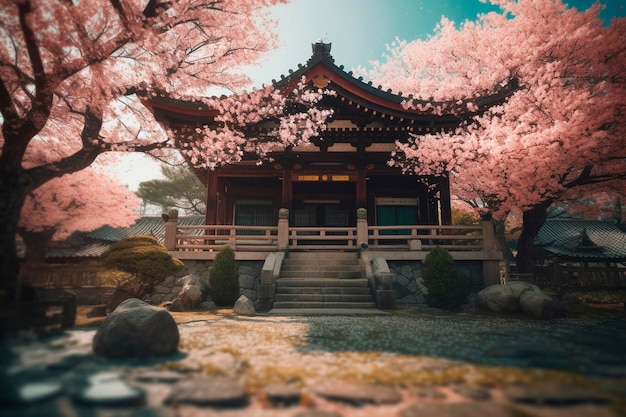 Sakura and Japanese traditional building Generative AI