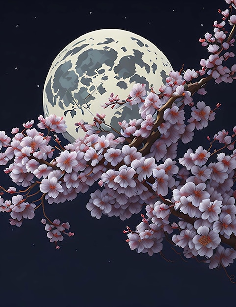 Sakura and The Moon Night View Generative AI