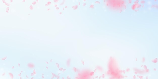 Photo sakura petals falling down. romantic pink flowers border. flying petals on blue sky wide background. love, romance concept. fine wedding invitation.