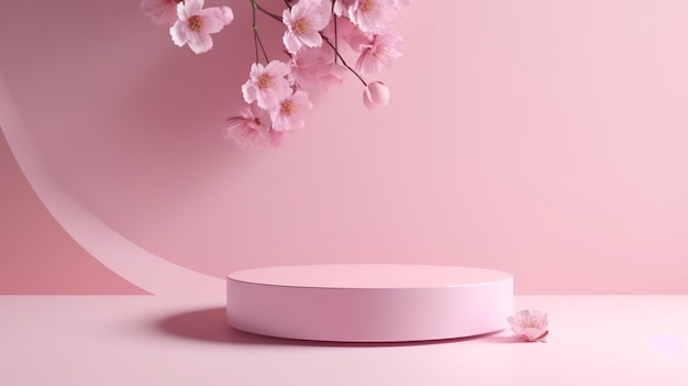 Sakura pink flowers falling on a podium display with a pink hue AI Generated