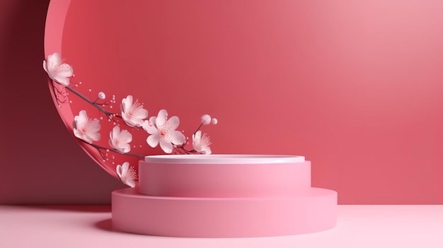 Sakura pink flowers falling on a podium display with a pink hue AI Generated