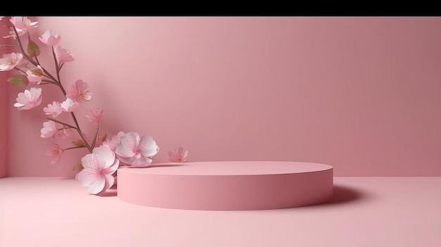 Sakura pink flowers falling on a podium display with a pink hue AI Generated