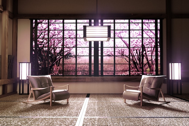 Sakura tree window view in Room interior with ,Zen style. 3D rendering