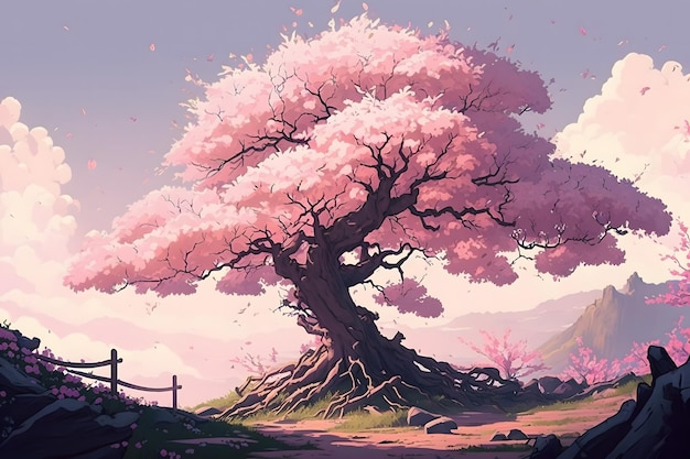 A sakura tree with pink flowers on it