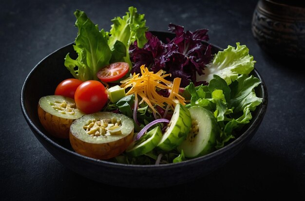 Salad arrangement in dark bowl