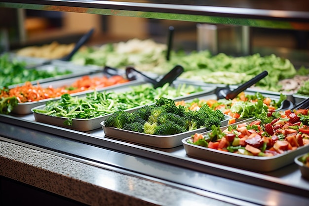 Photo salad bar setup with a variety of leafy greens and protein options