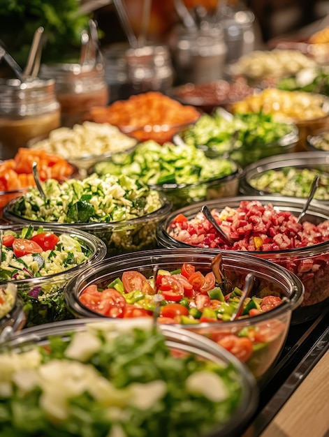 Salad bar with a variety of toppings and dressings