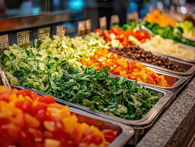 Photo salad bar with a variety of toppings and dressings