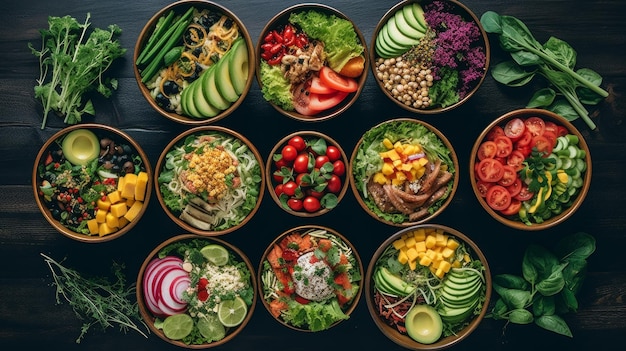 A salad bowls with a variety of fresh vegetables protein and dressings AI generated