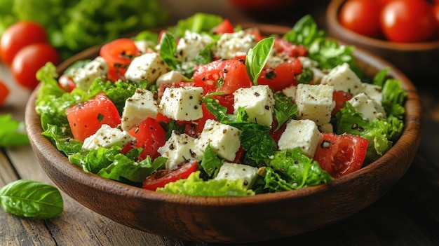 Photo a salad of cheese tomatoes and lettuce