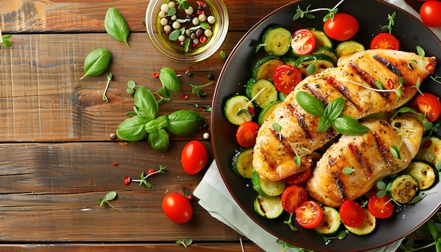 Photo salad of chicken breast with zucchini and cherry tomatoes