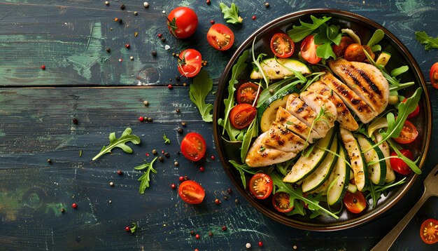 Photo salad of chicken breast with zucchini and cherry tomatoes