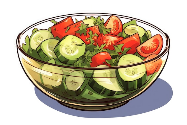 Salad in a clear salad bowl manga style vector illustration sticker black outline white background