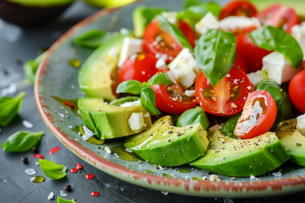 Photo salad dish with avocado tomatoes feta cheese and basil