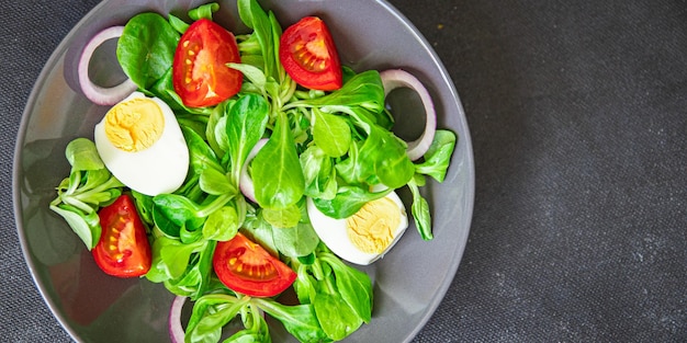 salad egg, vegetables, tomato, onion, leaves lettuce green mix petals fresh healthy meal food snack