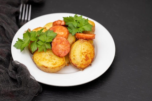 Salad fried potato and smoked sausages on plate