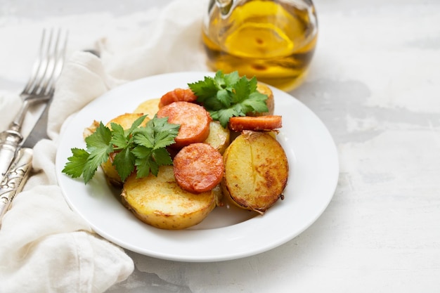 Salad fried potato and smoked sausages on plate