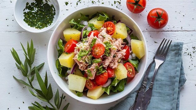 The salad is on a white plate With a sandwich and tomatoes AI Generated