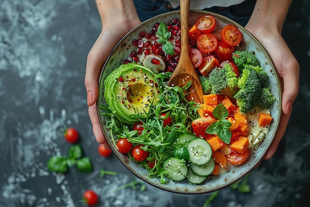 salad meal vegetables vegetarian food vegan dieting healthy fresh lunch organic dinner hands plate green nutrition ingredient