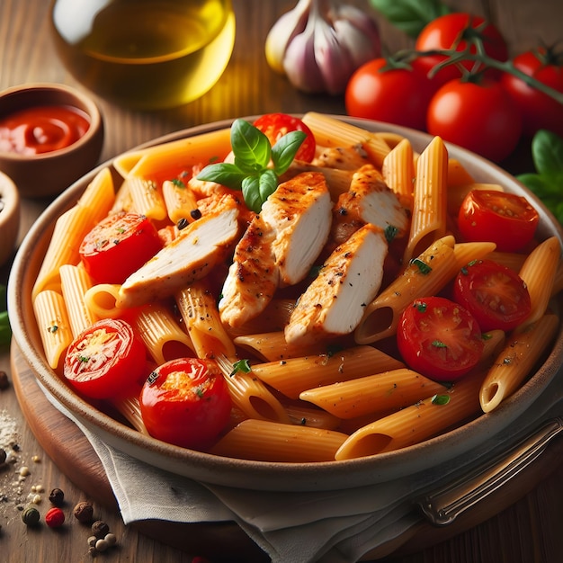 Salad penne pasta with asparagus tomatoes quail eggs mozzarella