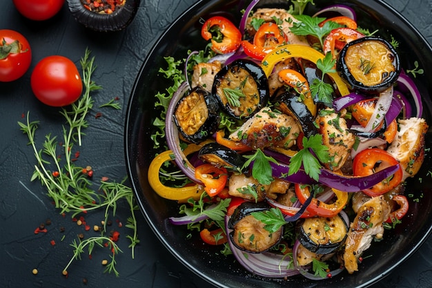 Salad of peppers onions fried eggplant and chicken meat