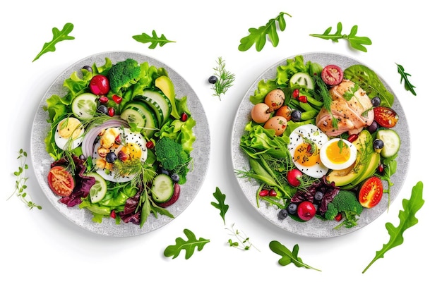 Salad Plates with Mixed Greens Avocado Eggs Chicken and Fruits