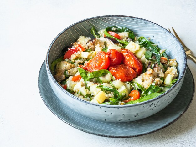 Salad of quinoa, baked vegetables, spinach and raw cucumber in a blue plate on a white