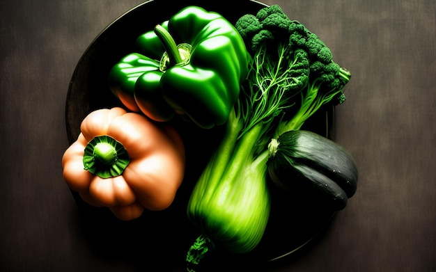 Salad vegetables on top of a black plate paprika broccoli and pumpkin