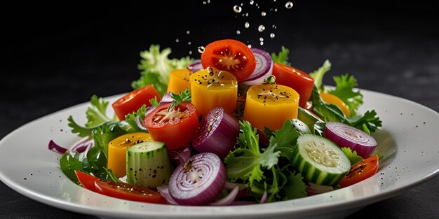 a salad of vegetables with a water drop on the top