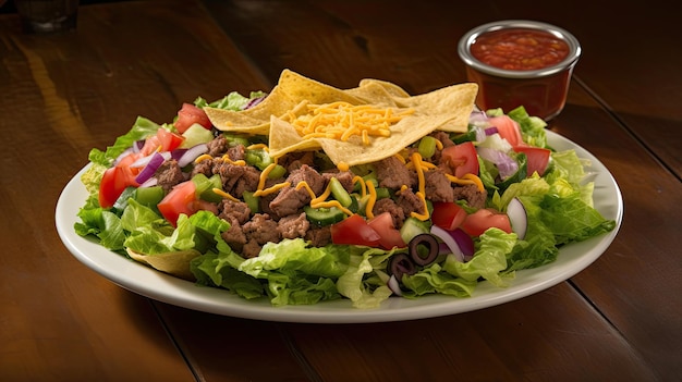 A salad with beef, cheese, and onions sits on a plate.