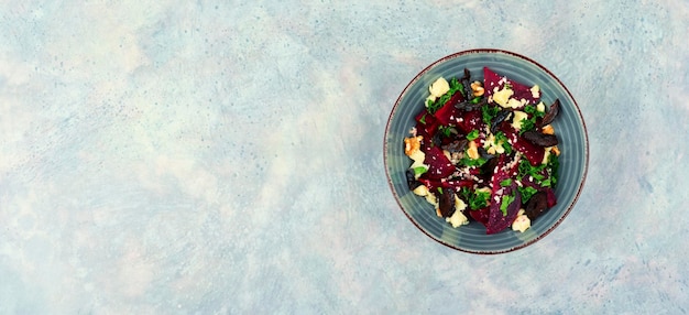 Salad with boiled beetroot and nuts space for text