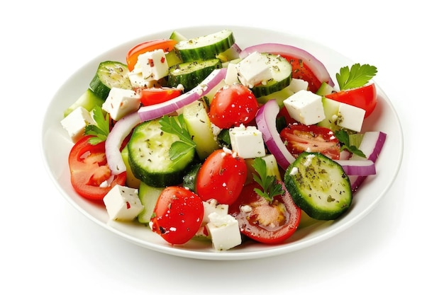 Salad with cheese and fresh vegetables isolated on white background Greek salad