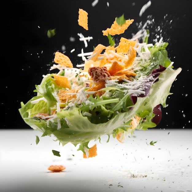 A salad with cheese and lettuce on it is falling into a bowl.