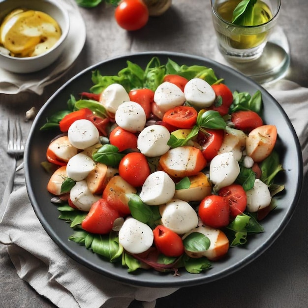 a salad with cheese tomatoes and spinach