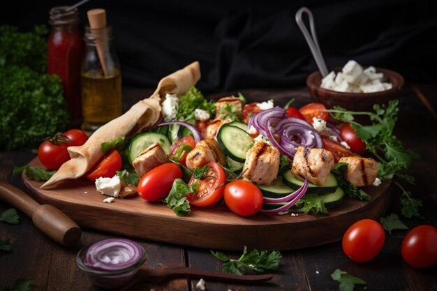 A salad with chicken and feta cheese on a wooden platter