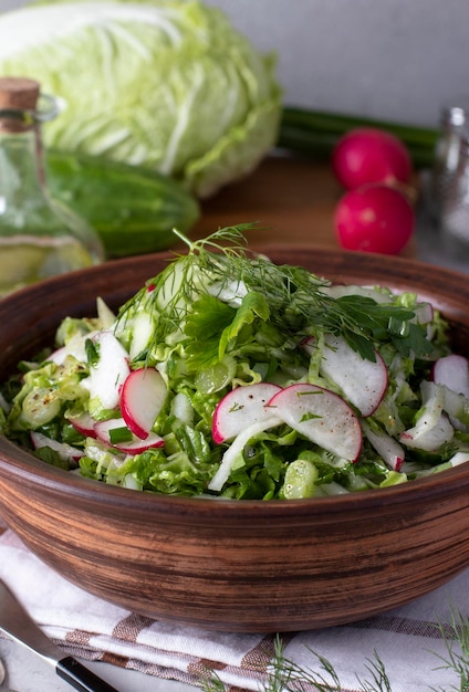 Salad with Chinese cabbage cucumbers radishes and chives dressed with olive oil