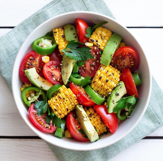 Salad with corn avocado tomatoes peppers and parsley Healthy eating Vegetarian food