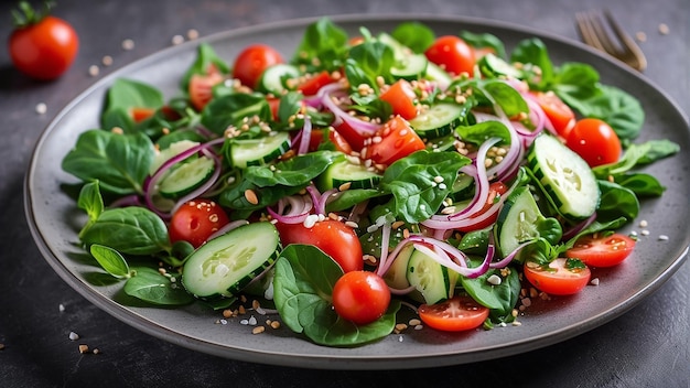 A salad with cucumbers tomatoes and onions