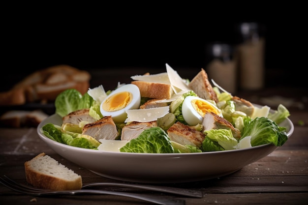 A salad with eggs and cheese on a wooden table