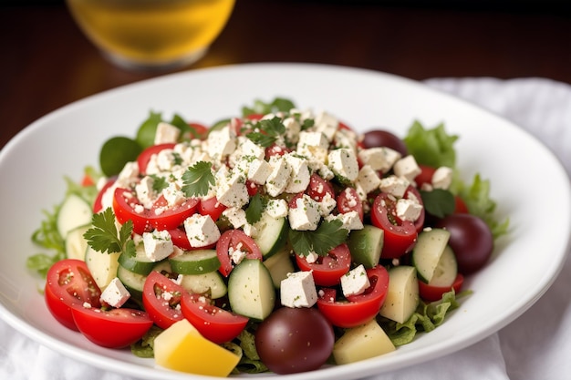 A salad with feta cheese, cucumber, feta, and feta cheese