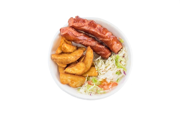 Salad with fried and American potato with German sausages Isolated Top view