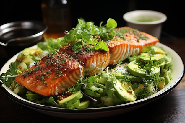 Salad with Fried Salmon Avocado and Lemon Dressing