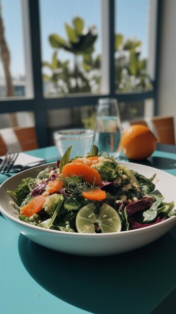 A salad with a glass of water and a blue tablecloth with a blue tablecloth and a glass of water.