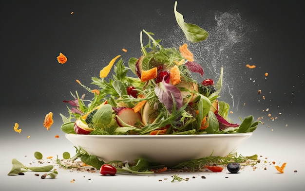 Salad with ingredients and food pieces floating in the air on dark background