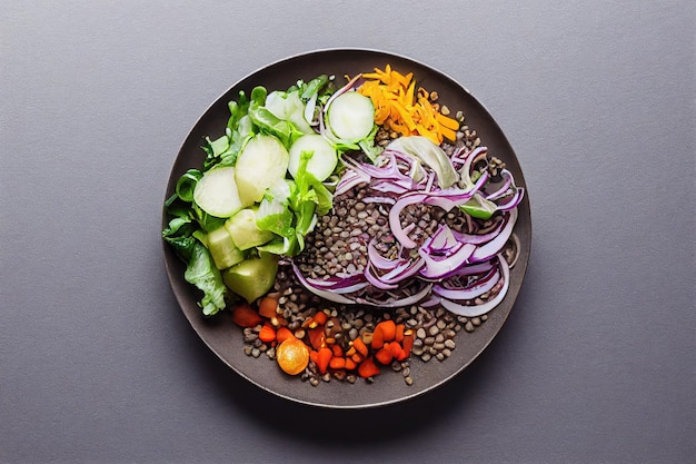 Salad with lentils and vegetables in a plate on the table vegetarian food healthy and vegan food