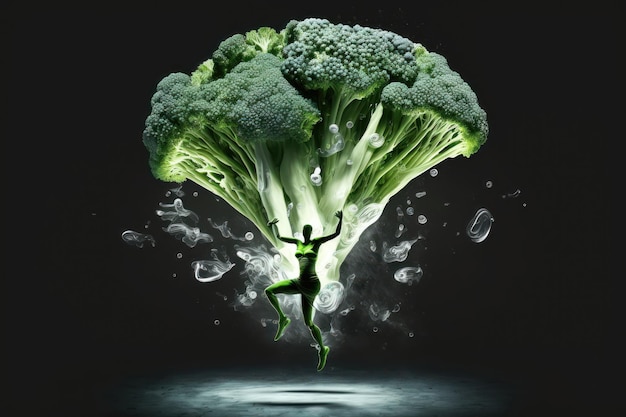 Salad with levitating broccoli Digital art AI generation