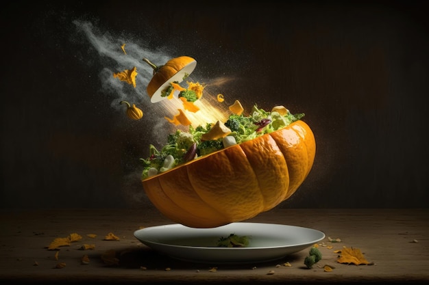 Salad with levitating pumpkin Digital art AI generation