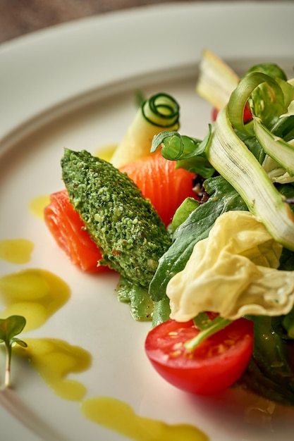 Salad with lightly salted salmon Selective focus Closeup Noise in postproduction