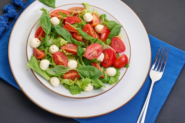 Salad with mozzarella cherry tomatoes and green lettuce in a white round plate